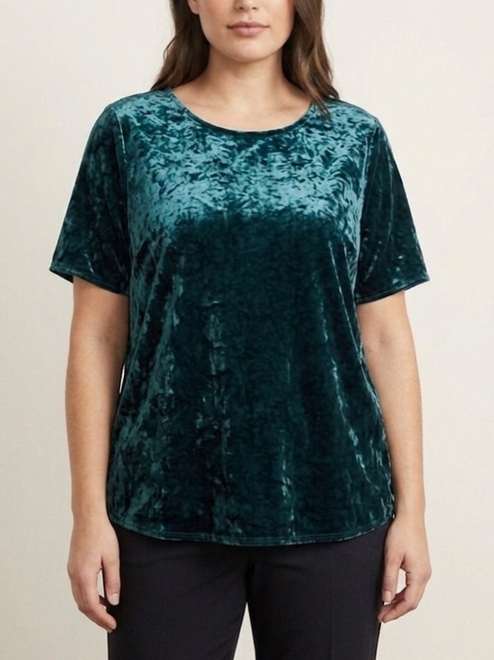 Eileen Fisher Emerald Green Crushed Velvet Short Sleeve Top Blouse Size XL
